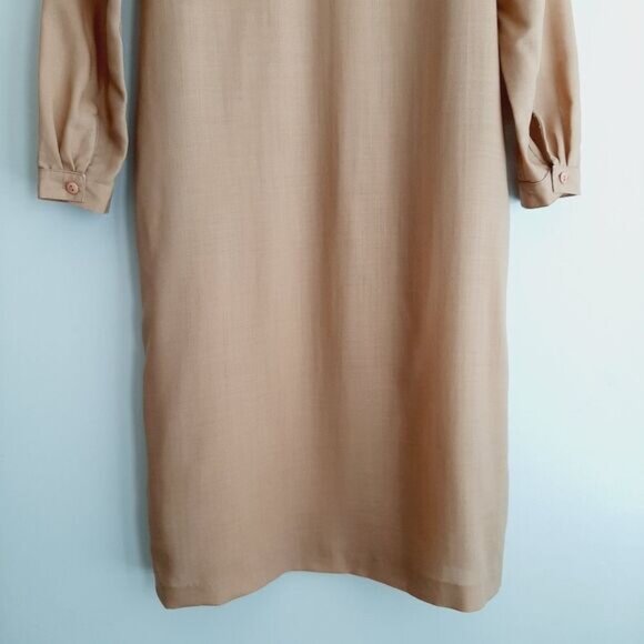 Vintage 100% Virgin Wool Long Sleeve Pop-Over Semi-Sheer Dress Tan Sz 8 P - Picture 9 of 12